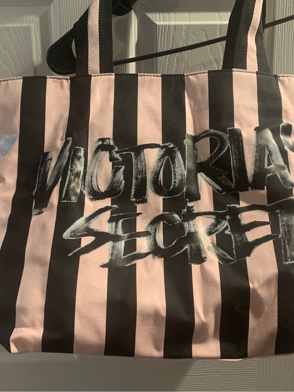 Victoria's Secret Black and Pink Striped Tote with Bold Logo